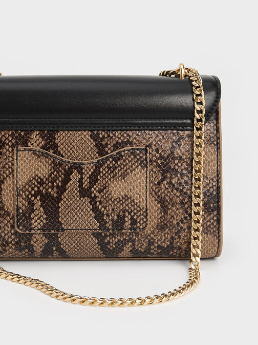 Snake Print Chain-Strap Bag, Beige, hi-res