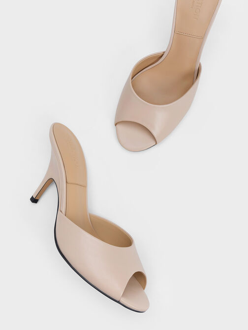 Leather Round-Toe Heeled Mules, Nude, hi-res