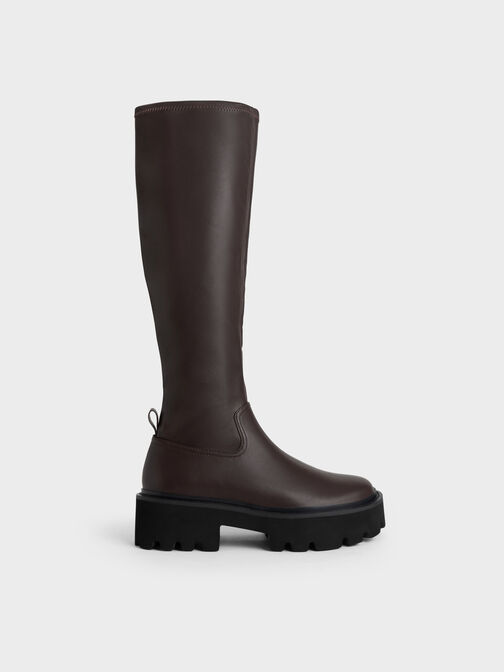 Chunky Platform Knee-High Boots, Dark Brown, hi-res