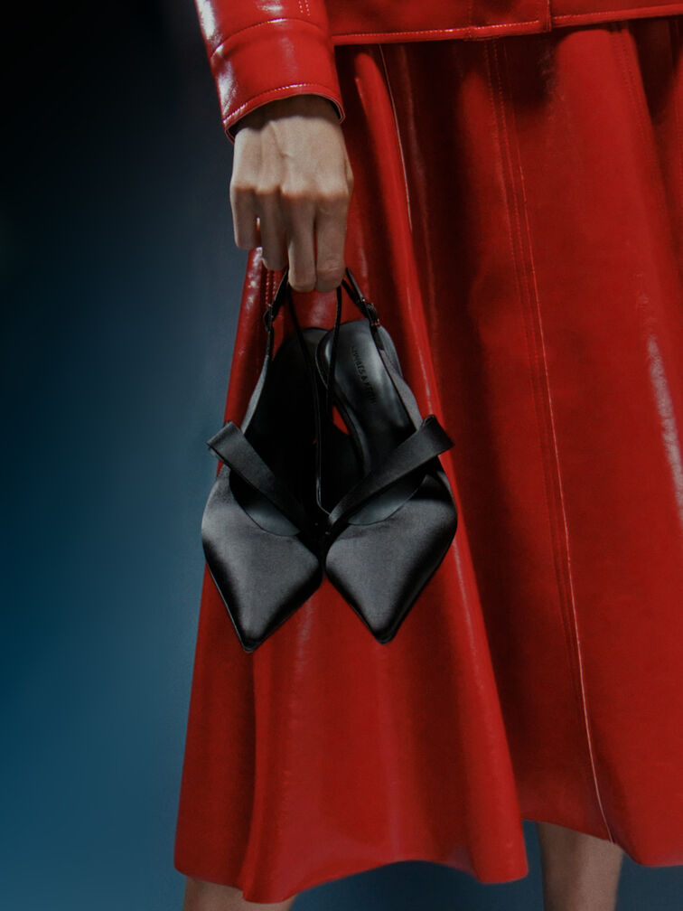 Satin Pleated-Strap Slingback Pumps, Black Textured, hi-res