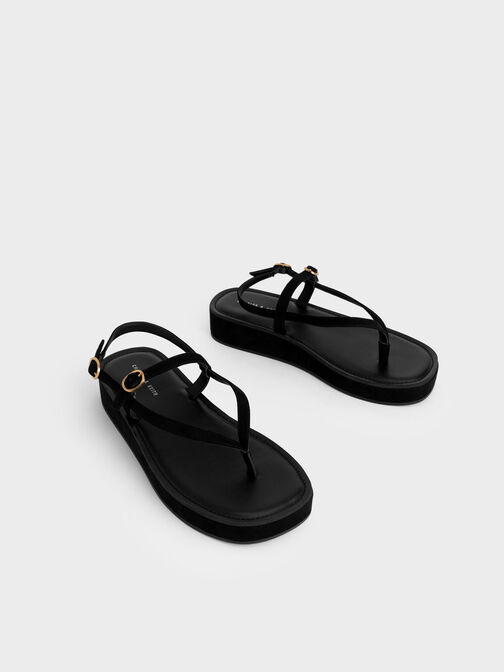Textured Strappy Flatform Thong Sandals, Black Textured, hi-res