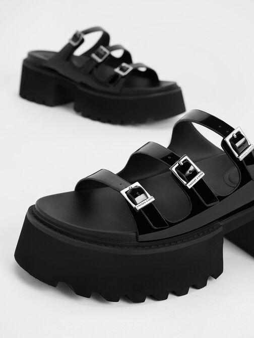 Nadine Patent Triple-Strap Platform Sandals, Black Patent, hi-res