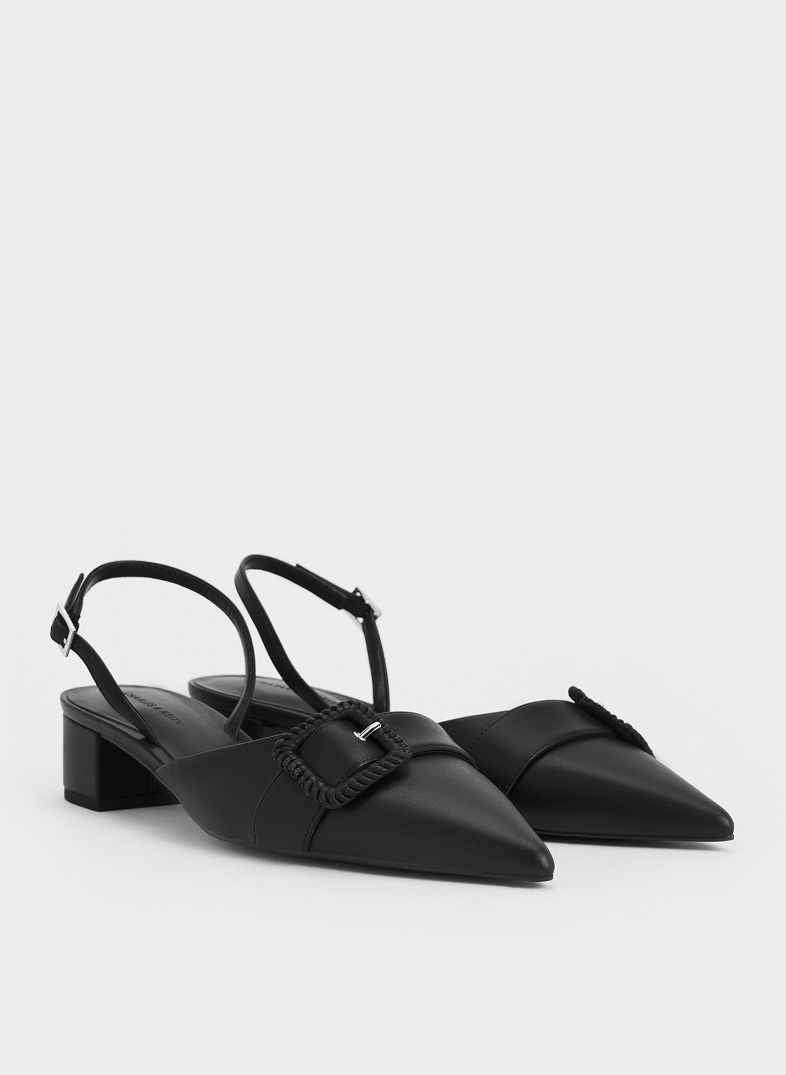 Woven-Buckle Slingback Pumps, Black, hi-res