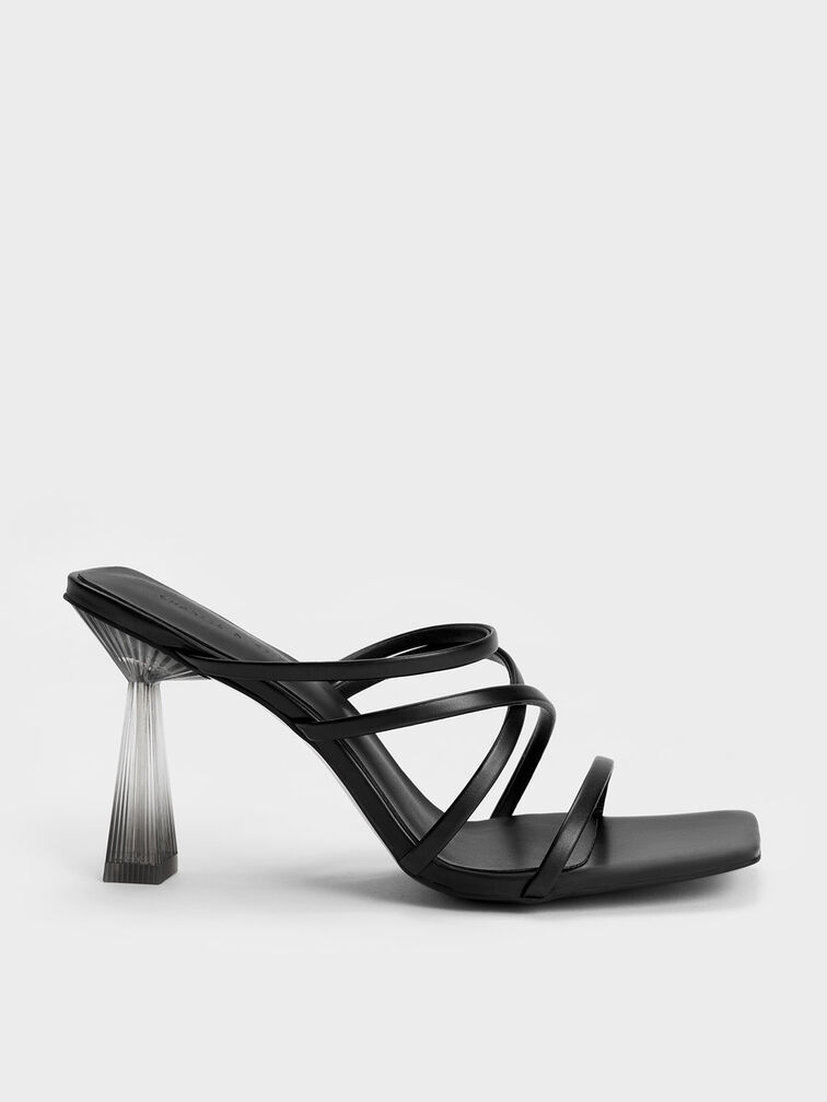 Transparent Heel Strappy Mules, Black, hi-res