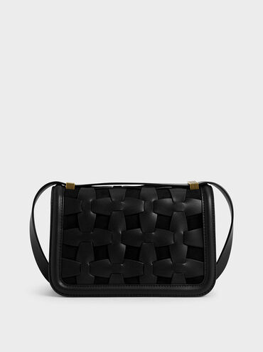 Weave Detail Shoulder Bag, Black, hi-res