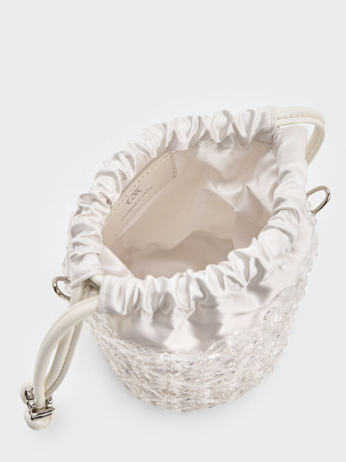 Bolso bombonera con asa de cadena y cuentas, Blanco, hi-res