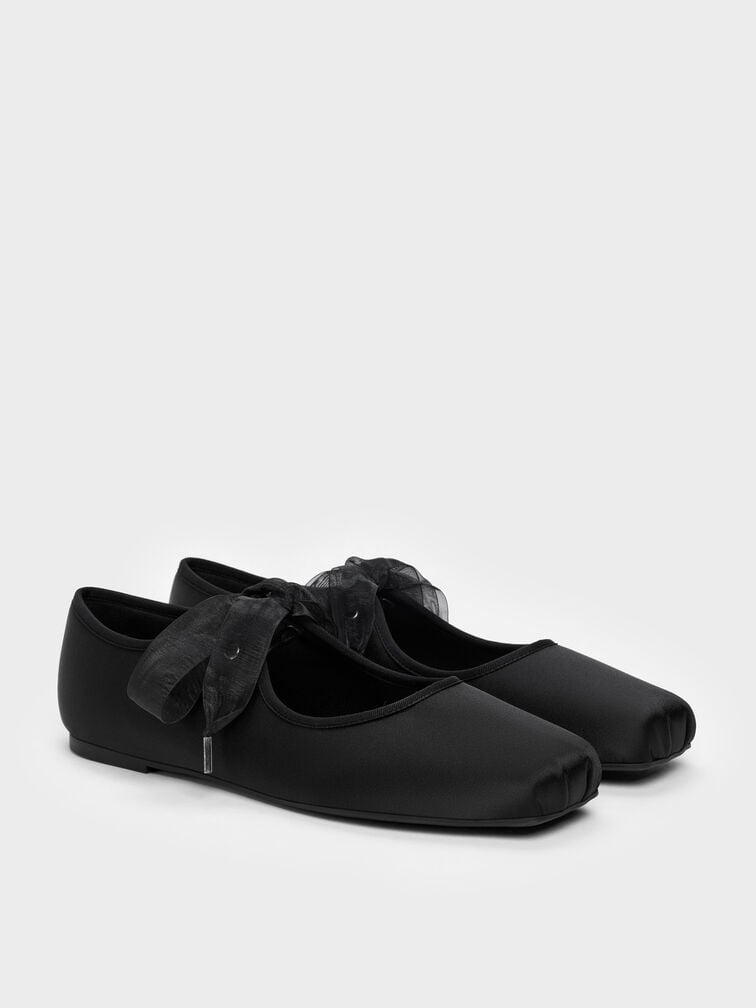 Camila Satin Mary Jane Flats, Black Textured, hi-res