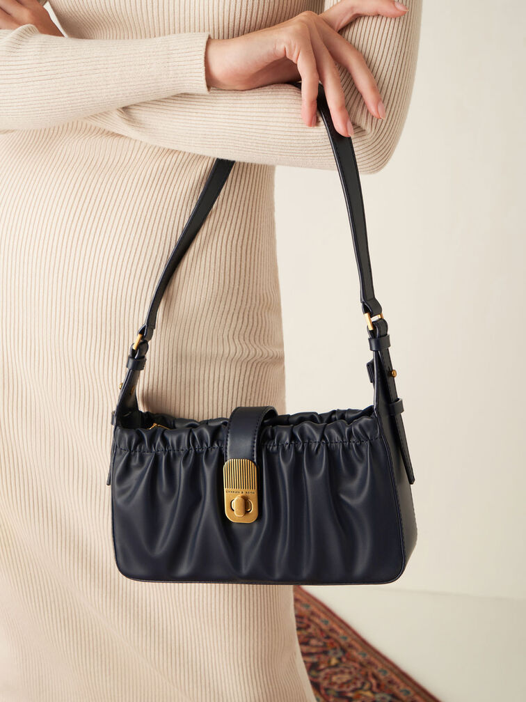 Enya Ruched Turn-Lock Shoulder Bag, Navy, hi-res