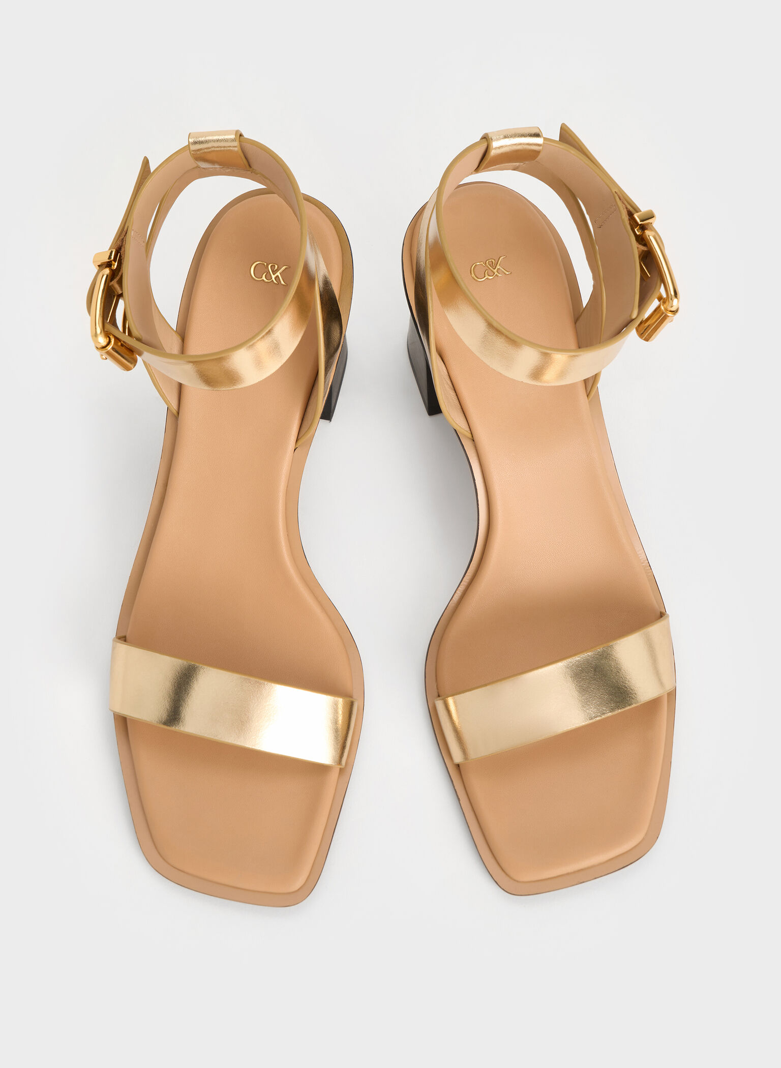 Metallic Leather Ankle-Strap Block-Heel Sandals, Dorado, hi-res