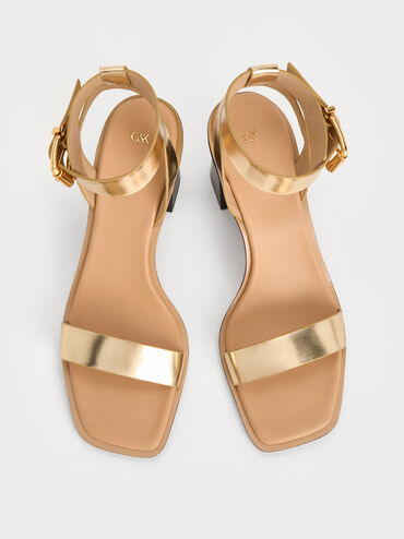 Metallic Leather Ankle-Strap Block-Heel Sandals, Dorado, hi-res