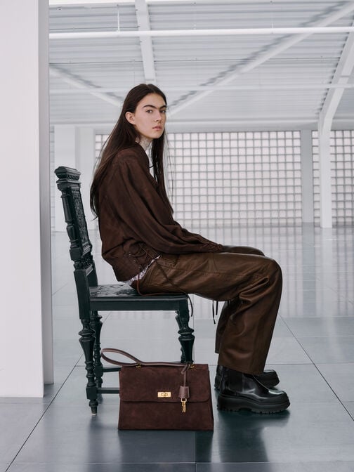 Kerry Recycled Suede Top Handle Satchel Bag, Espresso Brown, hi-res