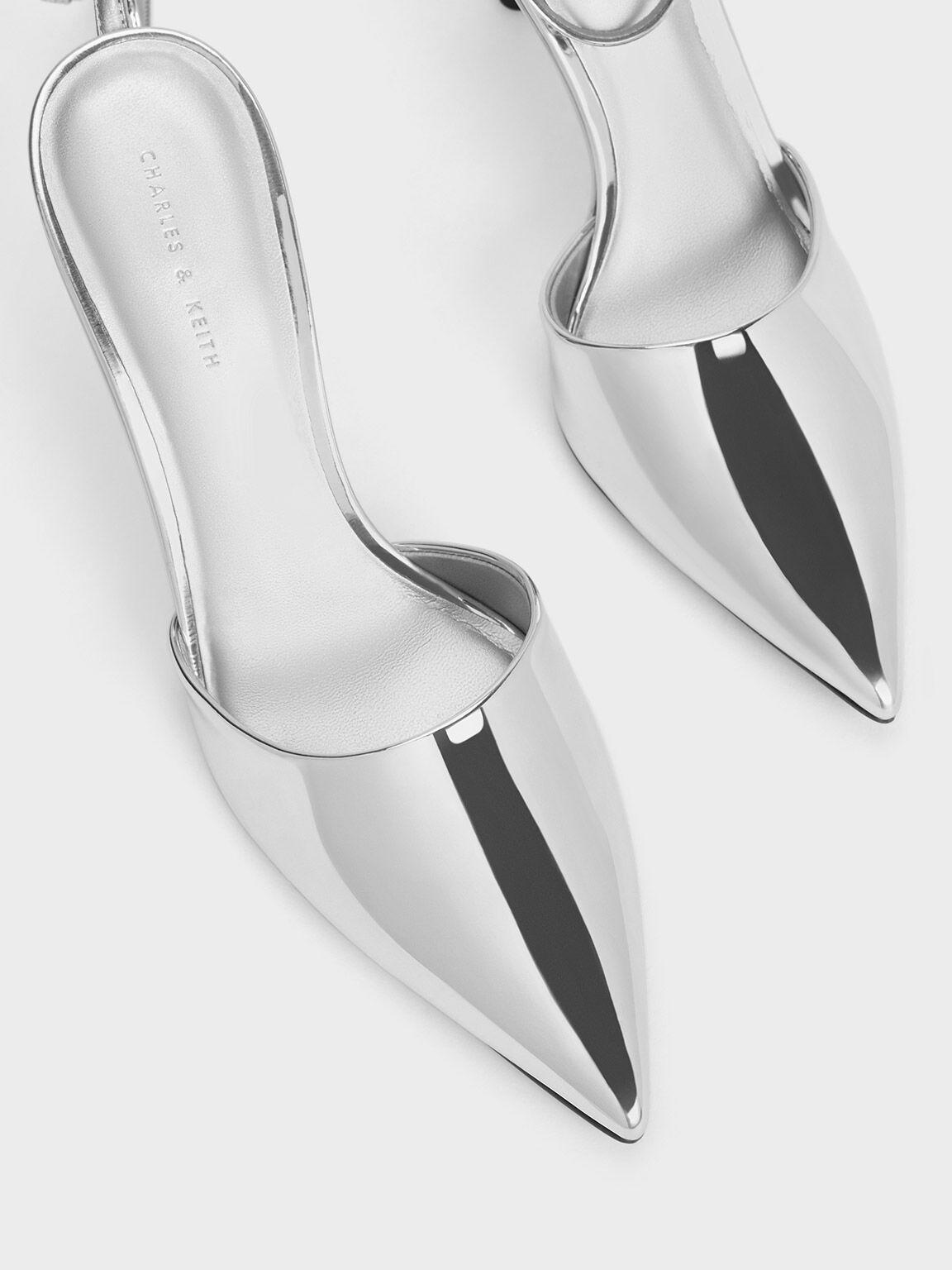 Silver Metallic Patent Pointed-Toe Ankle-Strap Pumps - CHARLES & KEITH US