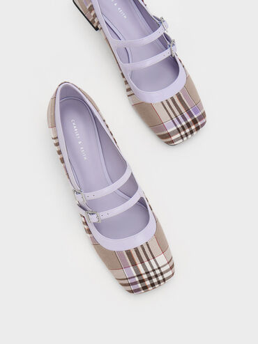 Checkered Double Buckle Mary Janes, Taupe, hi-res