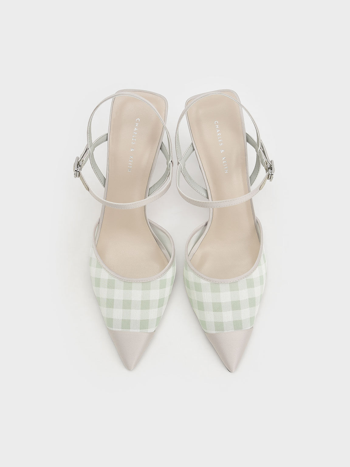 Satin & Check-Print Fabric Ankle-Strap Pumps, Light Green, hi-res