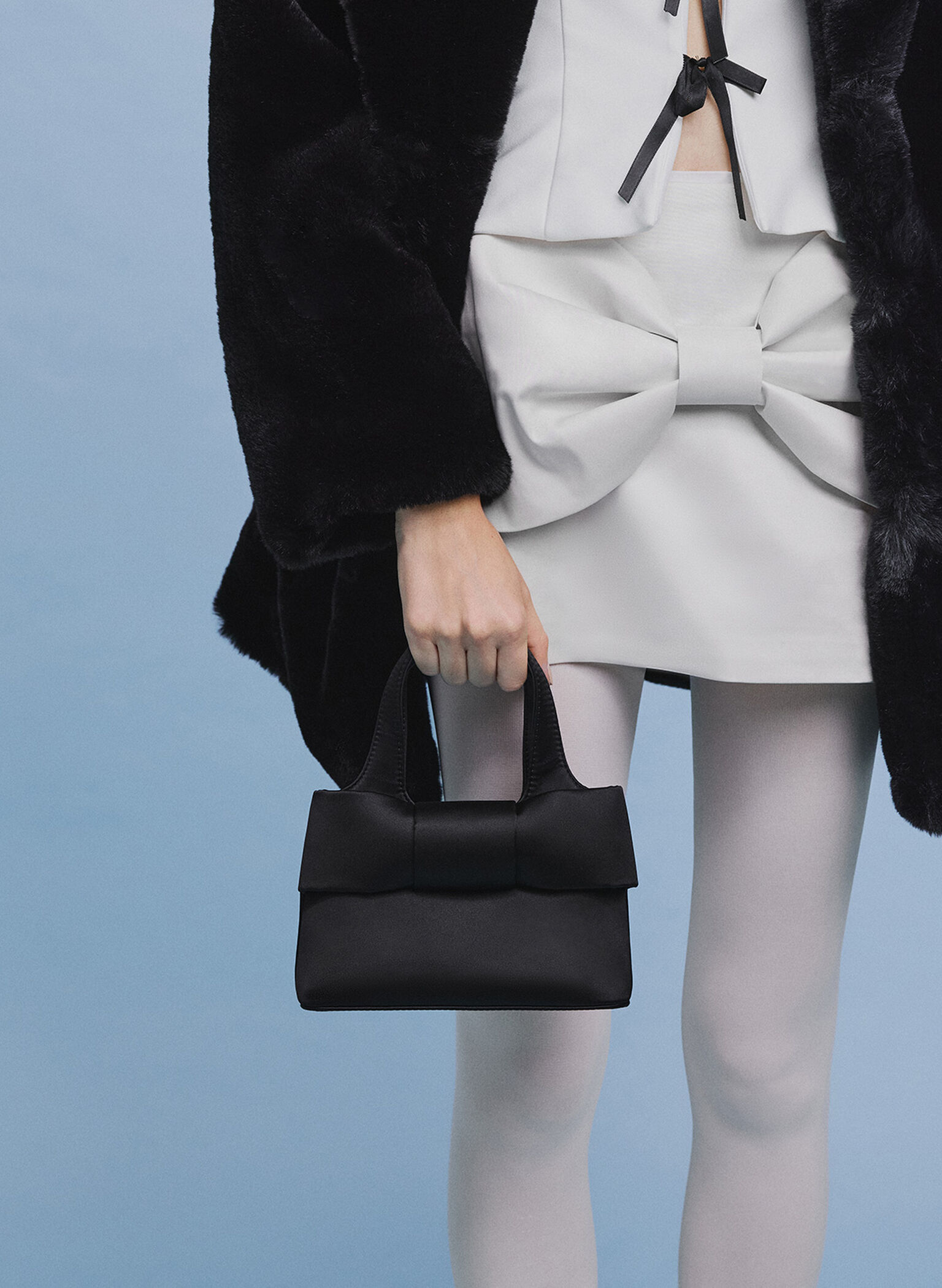 Satin Bow Bucket Bag, Noir, hi-res