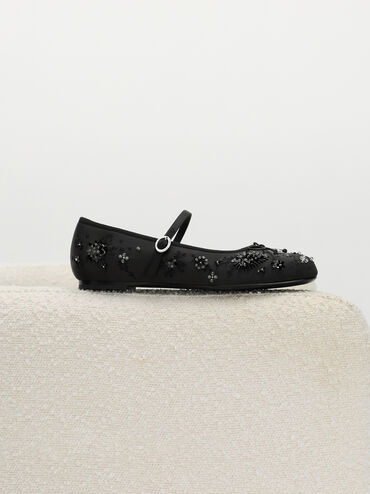 Sadira Satin Embroidered Sequinned Mary Jane Flats, Black Textured, hi-res