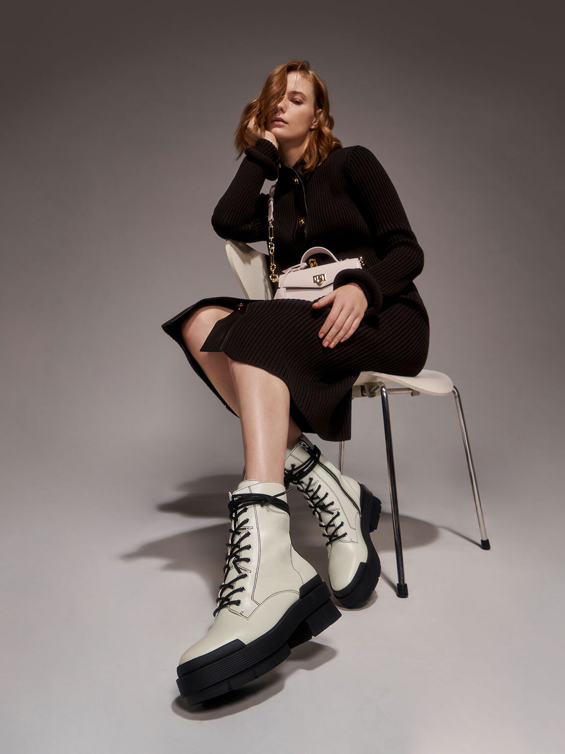 Stitch Detail Combat Boots, Chalk, hi-res