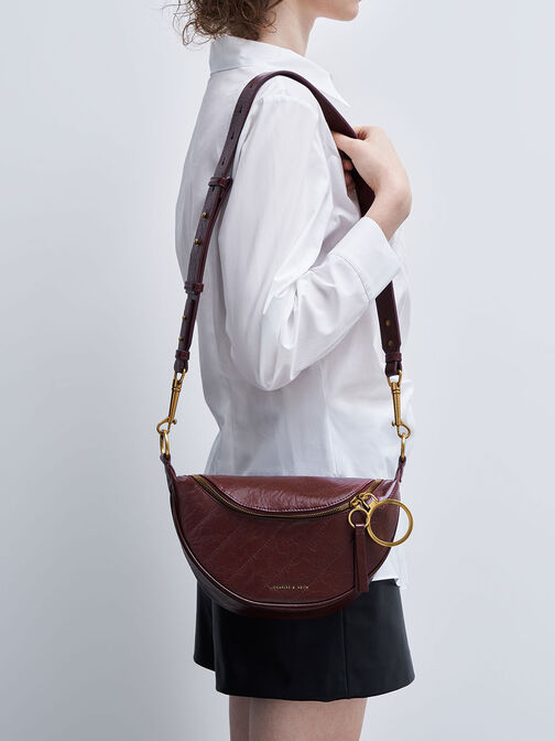 Philomena Wrinkled Effect Semi-Circle Crossbody Bag, Burgundy, hi-res