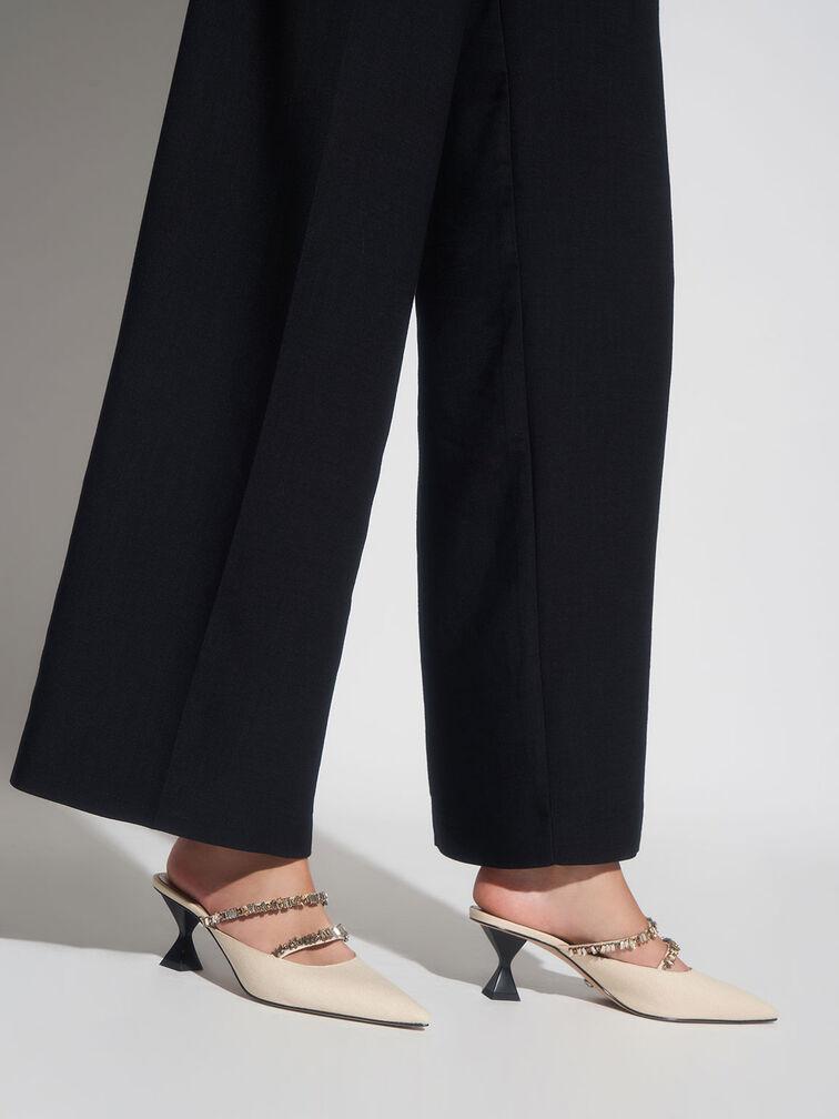Canvas Double Gem Strap Mules, Beige, hi-res