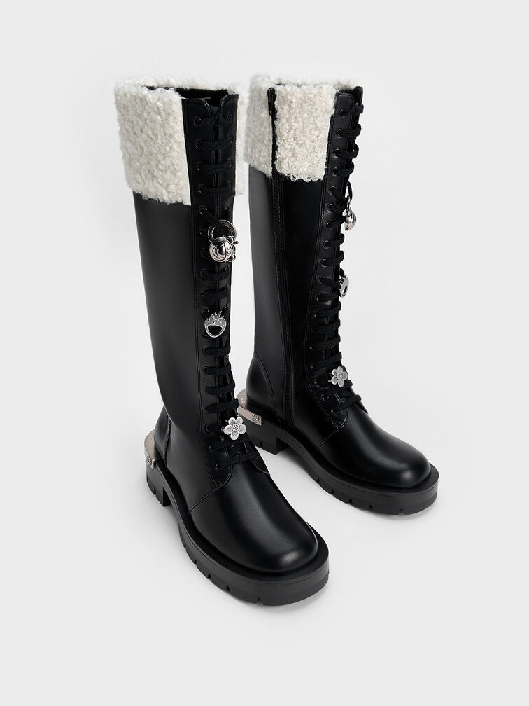 Lotso Furry Knee-High Combat Boots, Black, hi-res