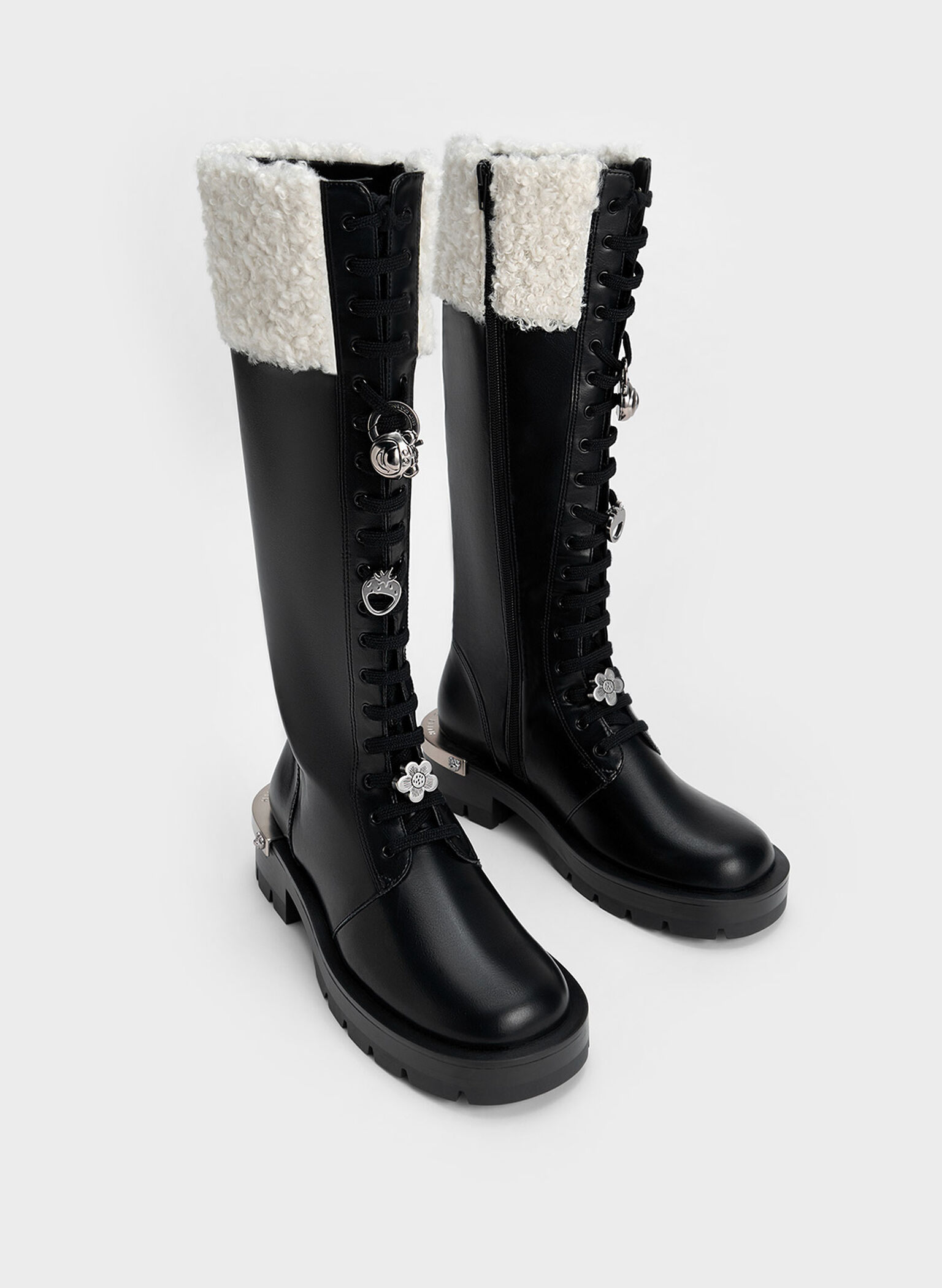 Lotso Furry Knee-High Combat Boots, Black, hi-res