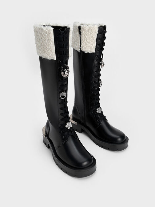 Lotso Furry Knee-High Combat Boots, Black, hi-res
