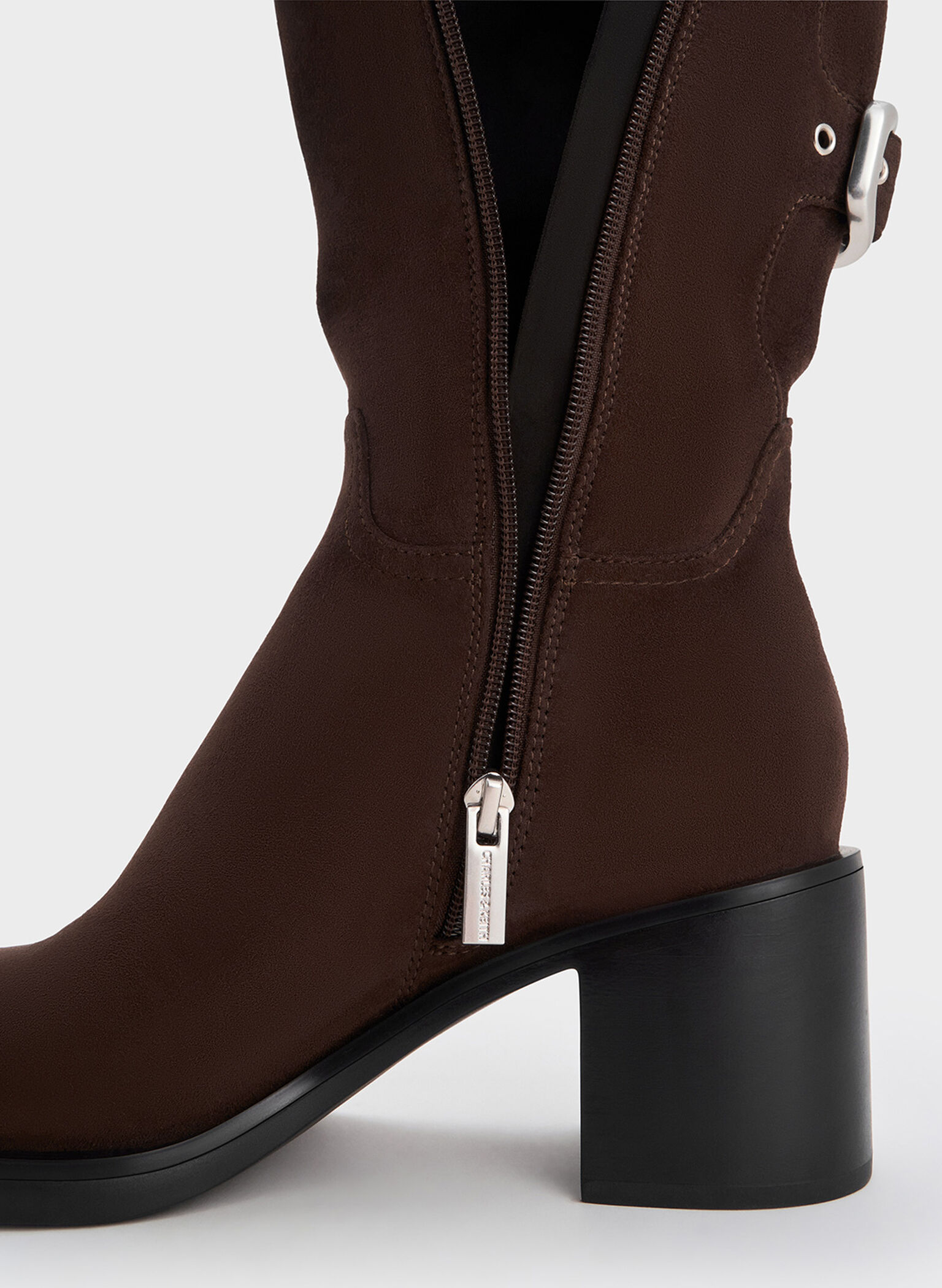 Masei Faux Suede Grommet-Strap Knee-High Boots, Dark Brown, hi-res