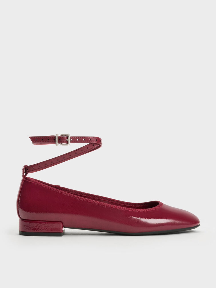 Burgundy Patent Ankle-Strap Ballet Flats - CHARLES & KEITH International