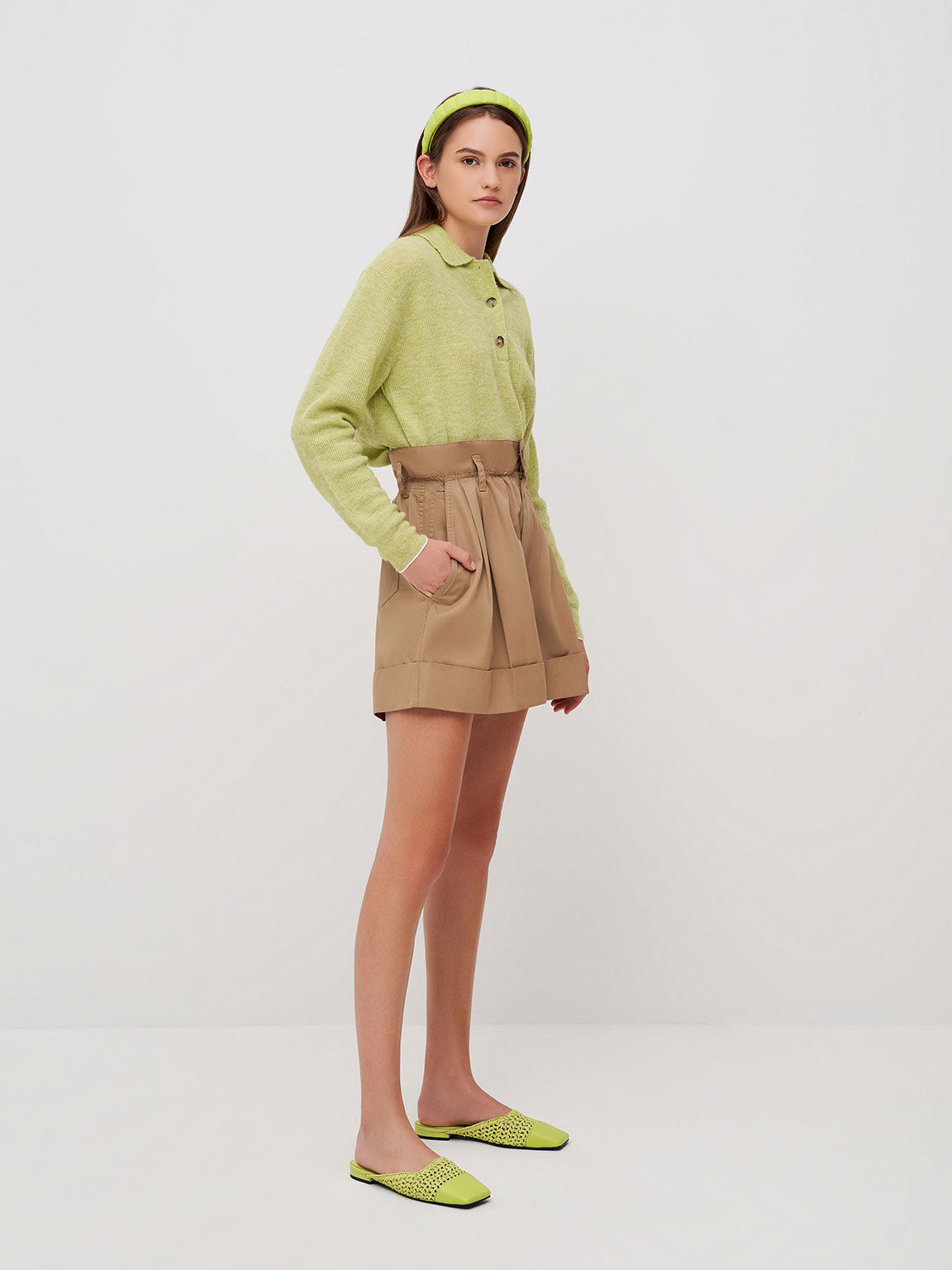 Leather & Raffia Flat Mules, Green, hi-res