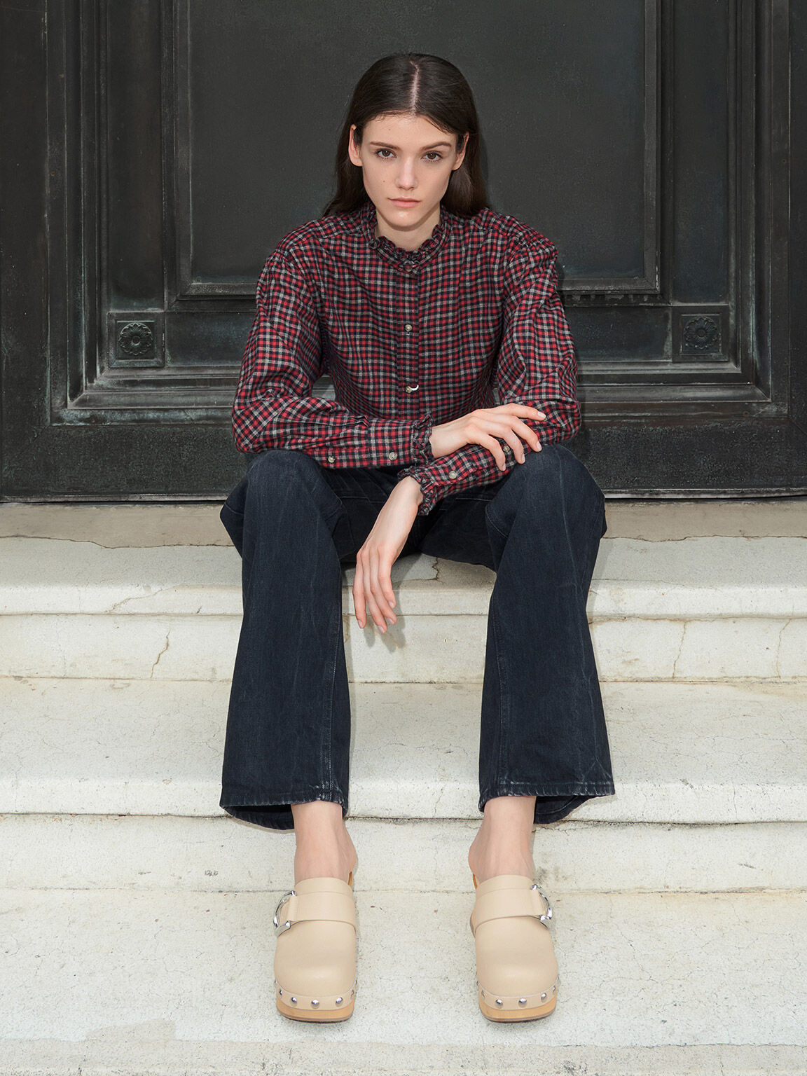 Gabine Studded Leather Clogs, Chalk, hi-res