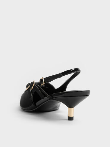 Patent Buckle-Strap Kitten Heel Slingback Pumps, Black Patent, hi-res