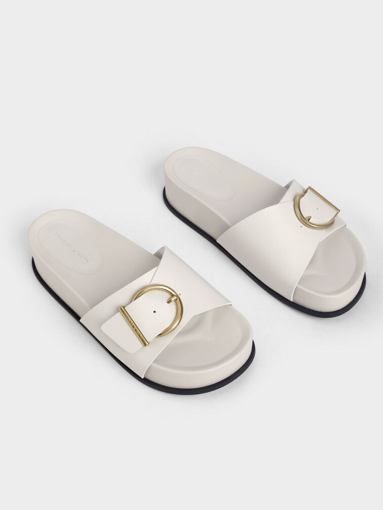 Metallic Buckle Flatform Sandals, Chalk, hi-res