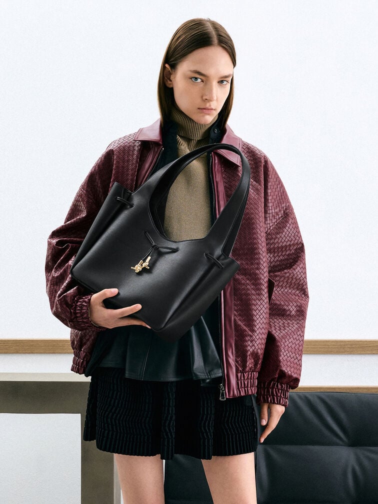 Mila Metallic-Knot Drawstring Tote Bag, Black, hi-res