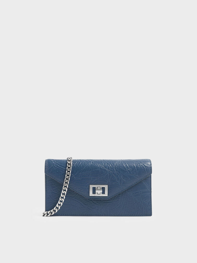 Wrinkled Effect Long Envelope Wallet, Blue, hi-res