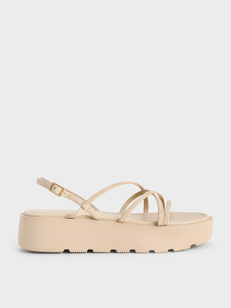 Strappy Ridged-Sole Flatform Sandals, Taupe, hi-res