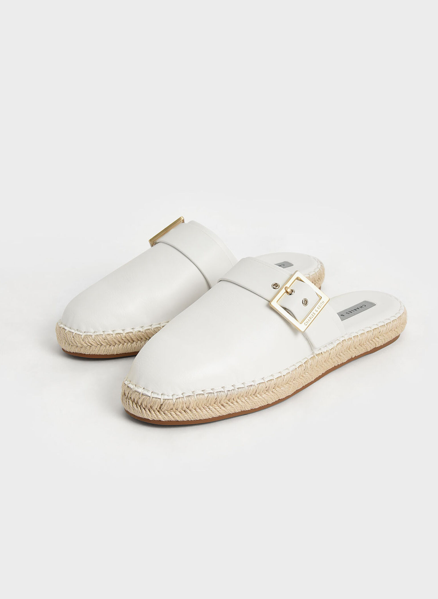 Buckled Espadrille Mules, White, hi-res