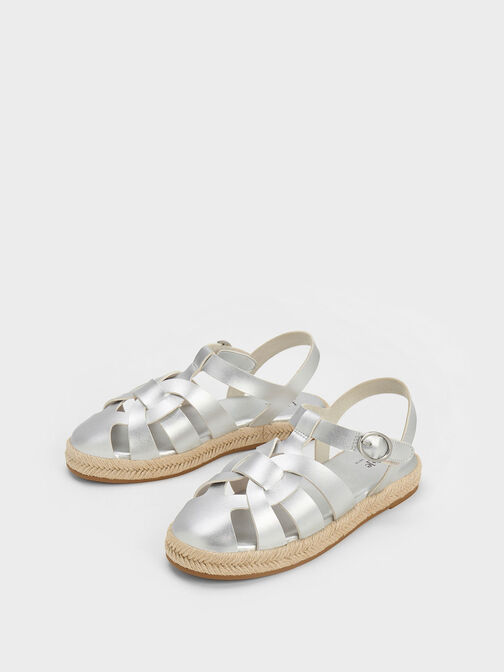 Girls' Interwoven Espadrille Sandals, Silver, hi-res