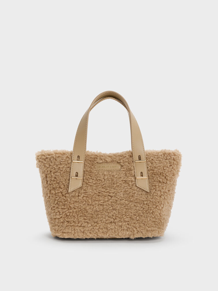 Mini Shania Faux Shearling Double-Handle Tote Bag, Nutmeg Beige, hi-res