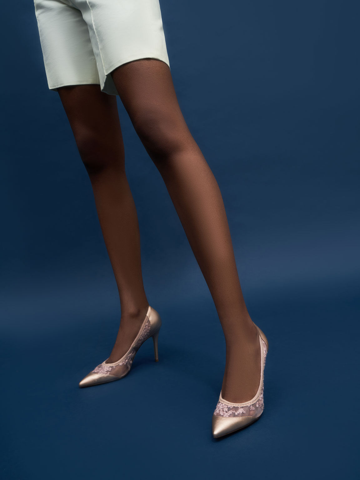 Embroidered Mesh Pointed Pumps, Rose Gold, hi-res