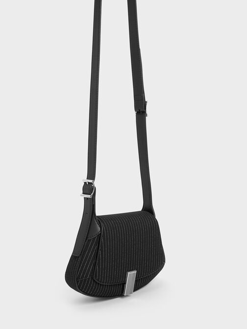 Striped Metallic-Accent Curved Top Handle Bag, Dark Grey, hi-res