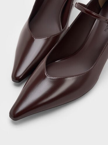 Pointed-Toe Stiletto-Heel Mary Jane Pumps, Maroon, hi-res