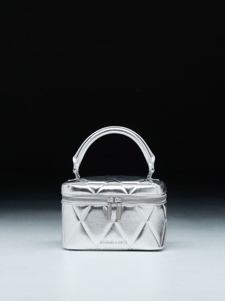 Arwen Metallic Quilted Top Handle Vanity Bag, Silver, hi-res
