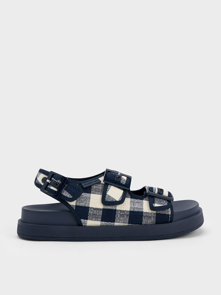 Sandalias de Plataformas Planas a Cuadros con Hebilla, Azul oscuro, hi-res