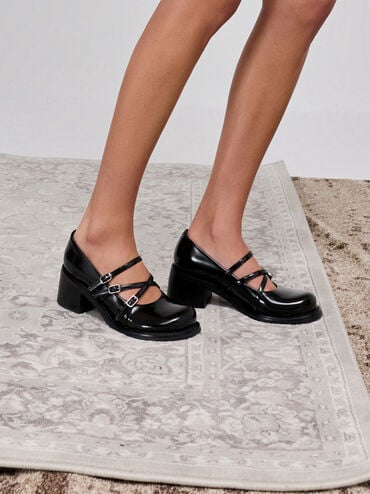 Triple-Strap Crossover Block-Heel Mary Janes, Black Box, hi-res