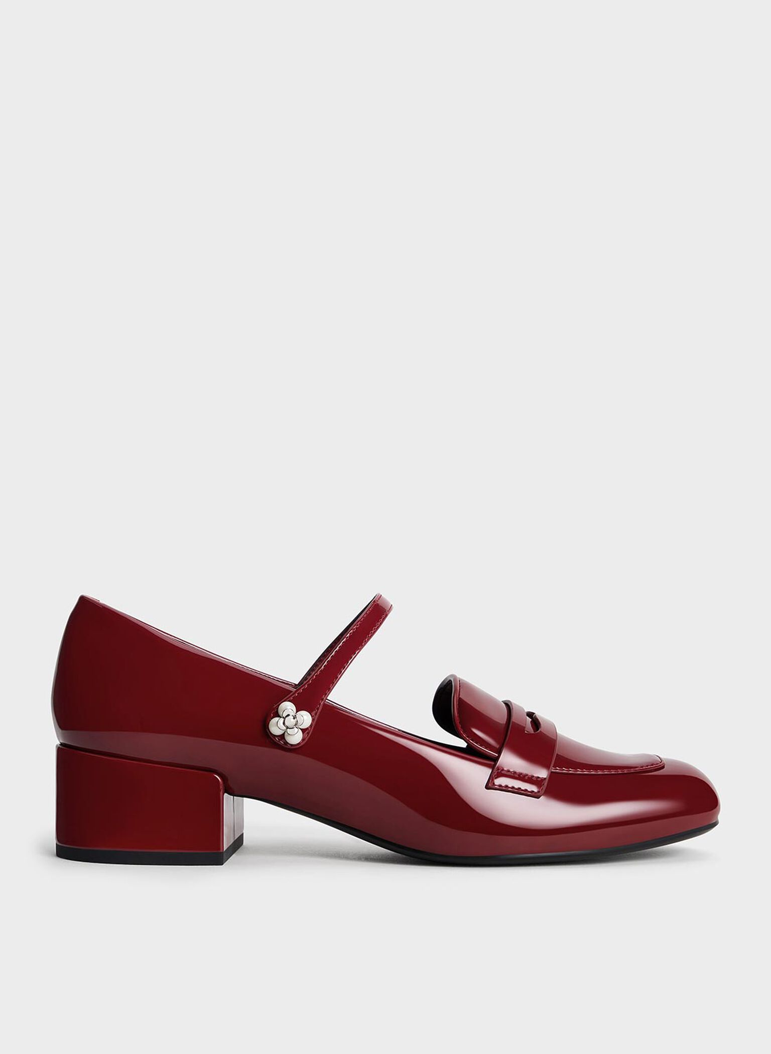 Patent Pearl-Embellished Flower-Buckle Mary Jane Loafers, Maroon, hi-res