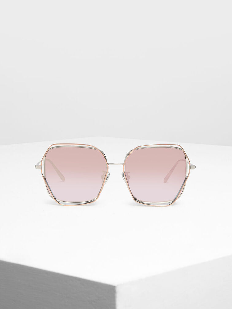 Double Rim Geometric Sunglasses, Rose Gold, hi-res