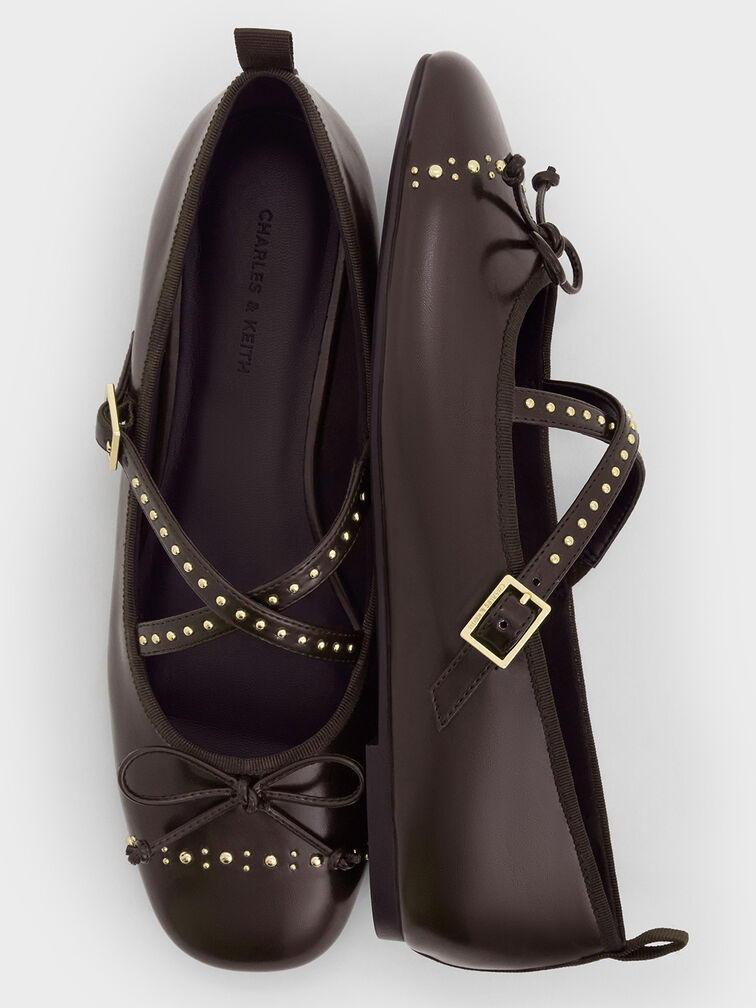 Zapatos planos Mary Jane con tiras cruzadas y tachuelas, Marrón oscuro, hi-res