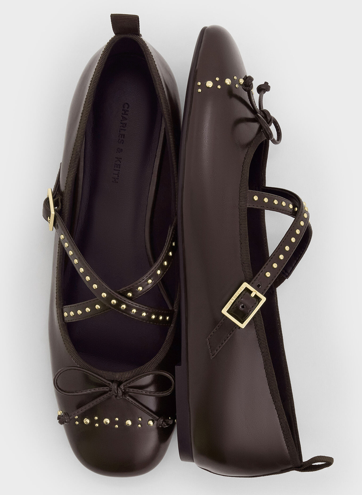 Studded Crossover-Strap Mary Jane Flats, Dark Brown, hi-res
