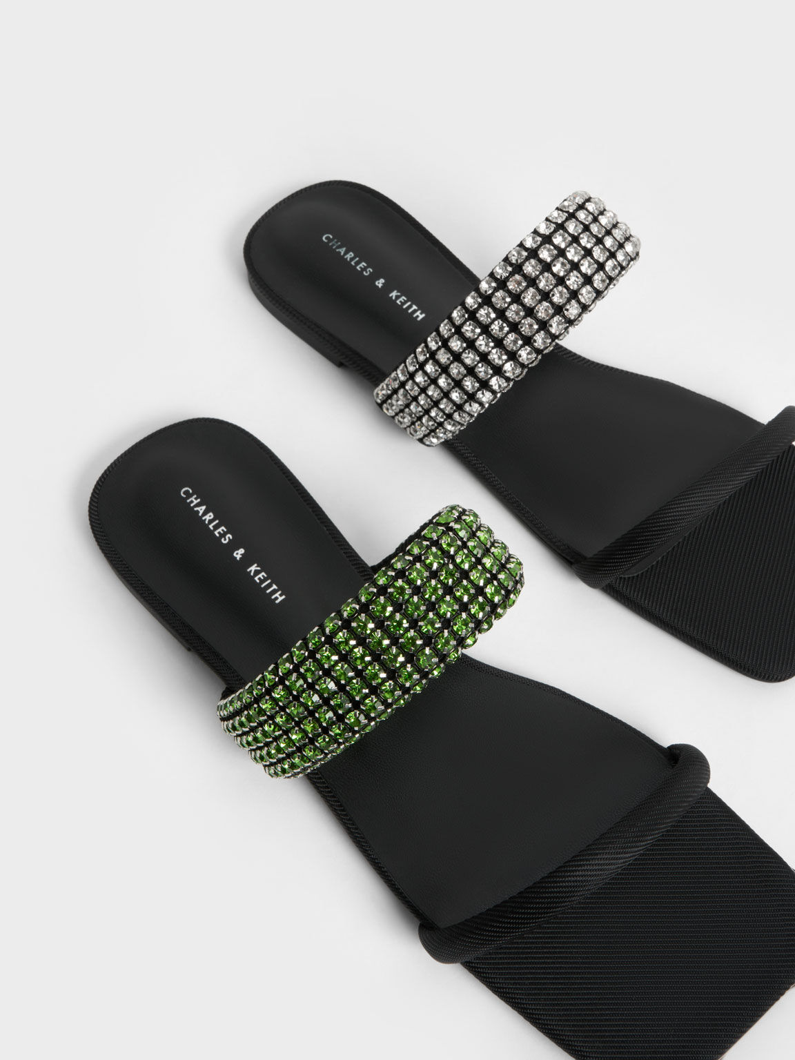 Gem-Embellished Strap Slides, Black, hi-res