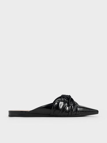 Wrinkled Patent Ruched Knot Mules, Black, hi-res